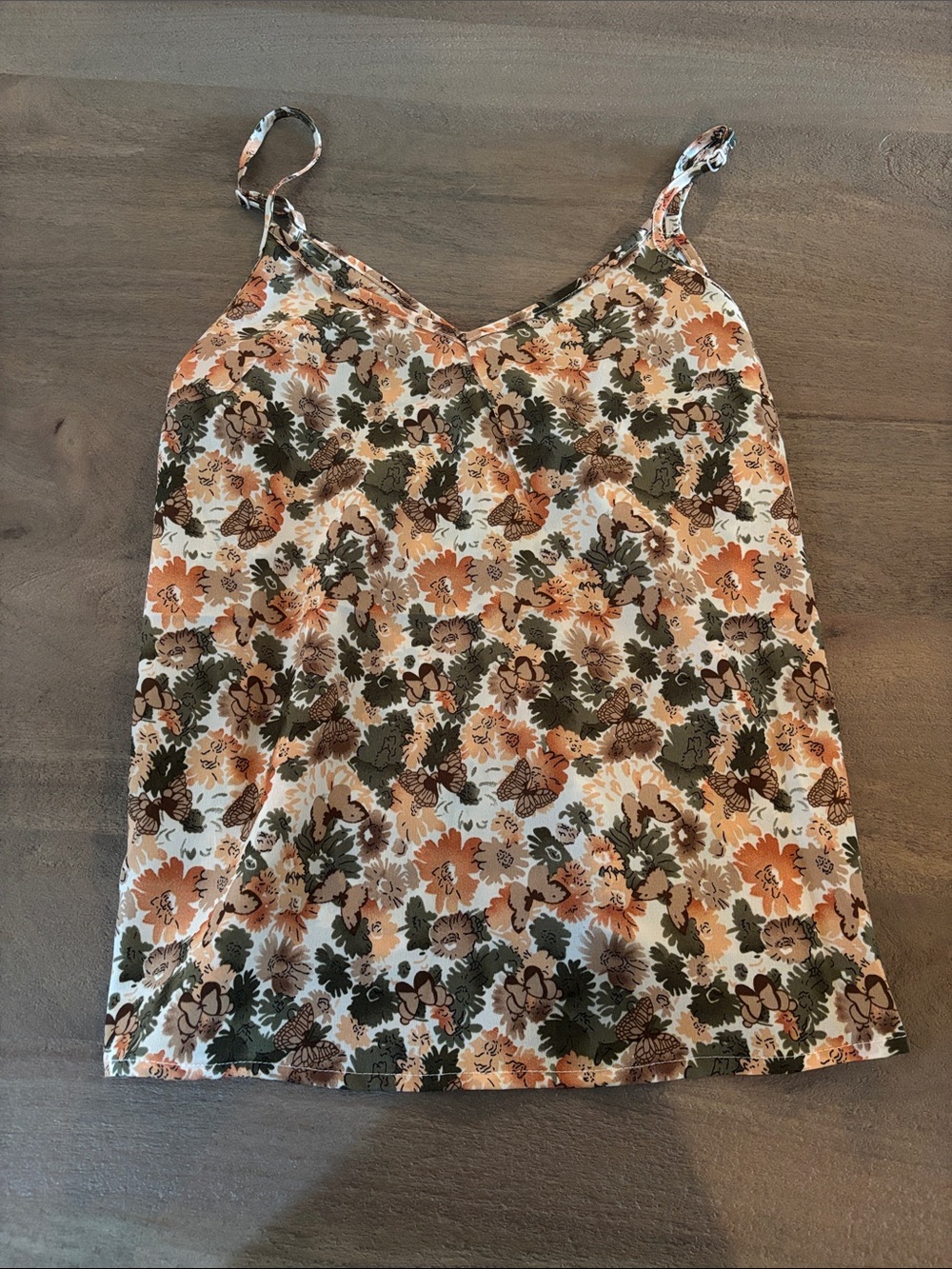 Floral Spaghetti Strap Cami Top - Orange & Olive